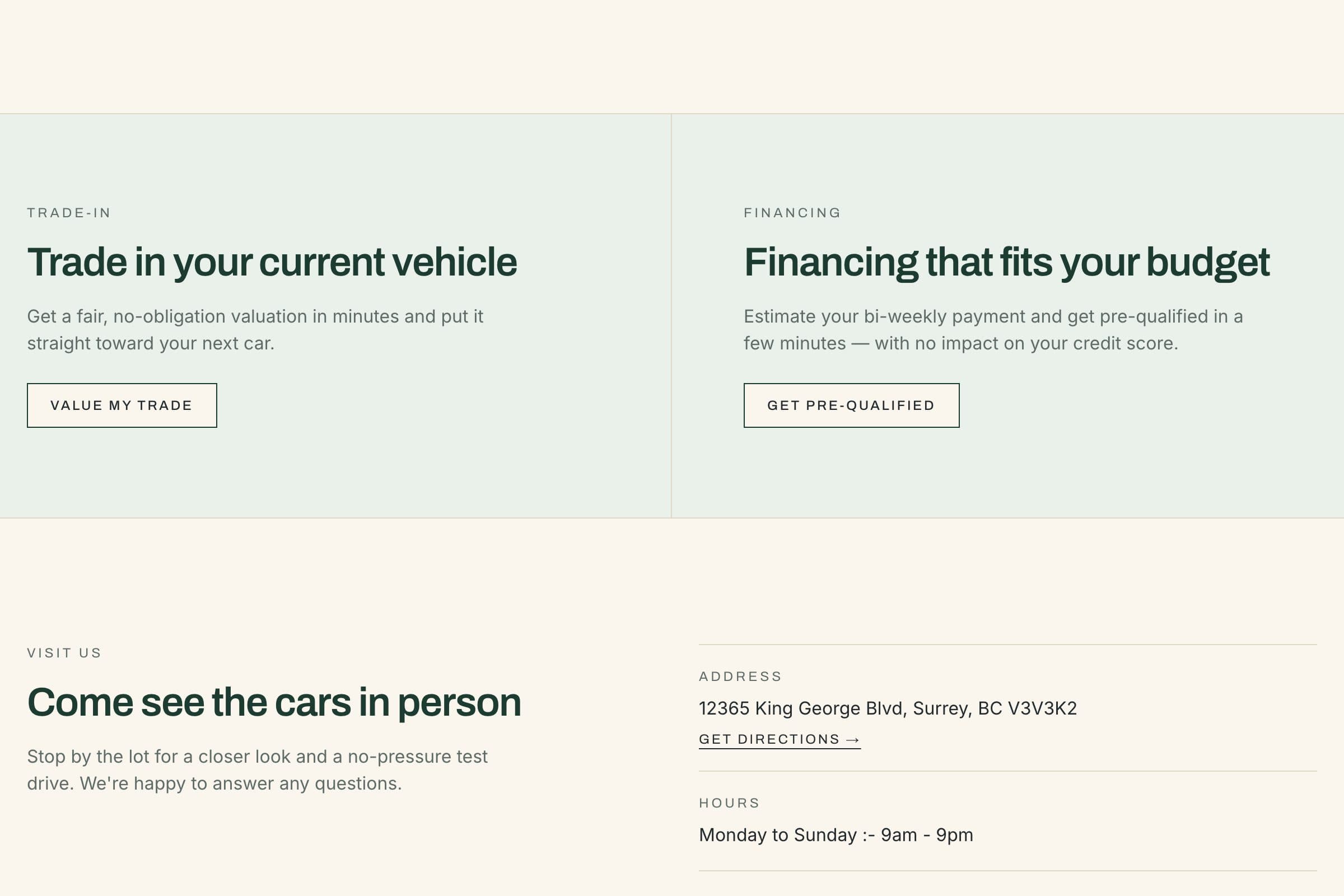 604 Motors trade-in, financing, and visit sections