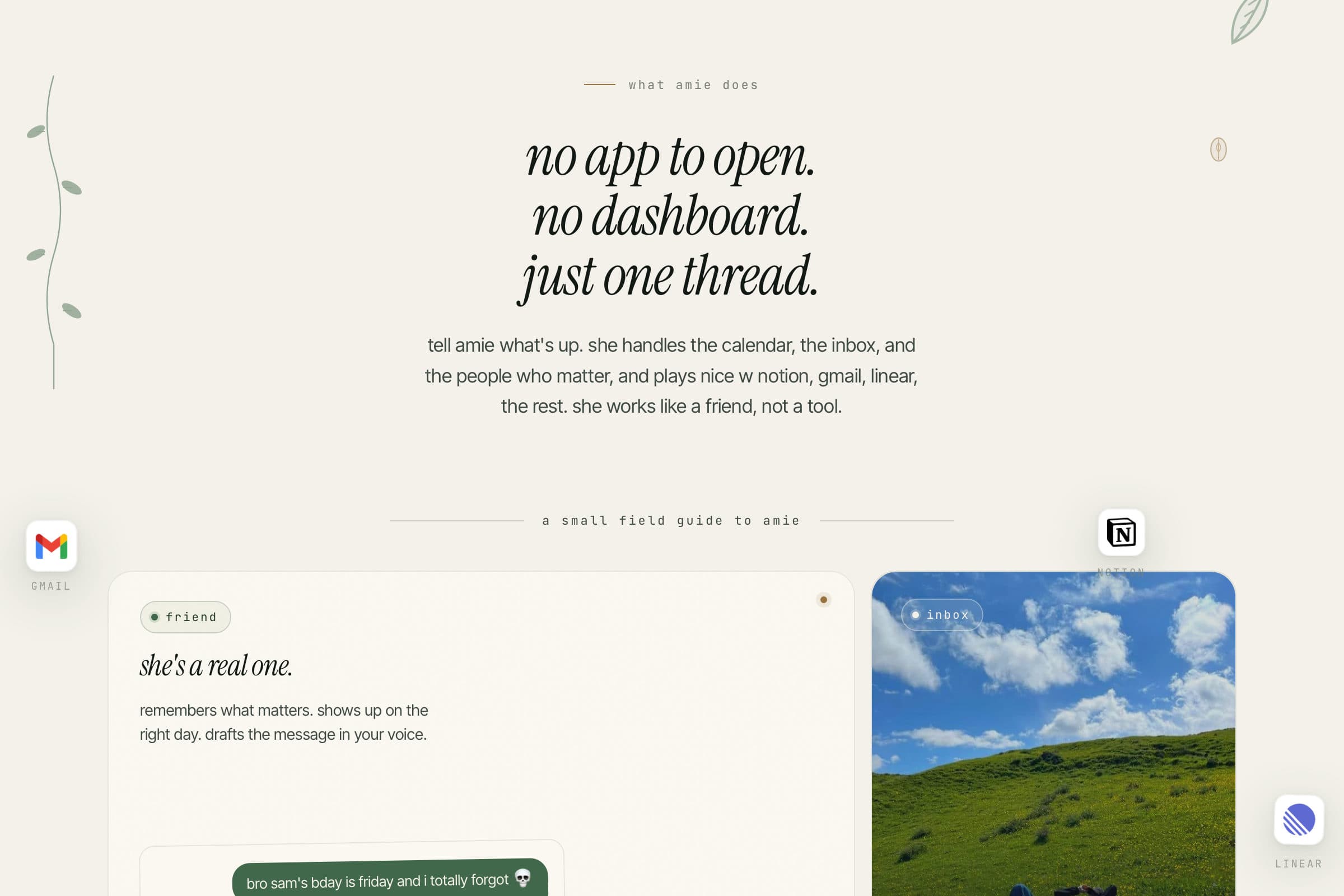 Amie field guide: no app, no dashboard, just one thread