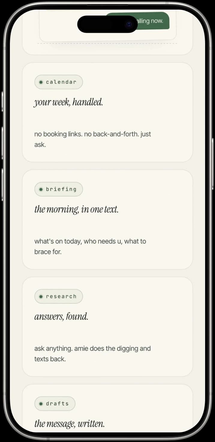 Amie mobile: calendar, briefing, and research notes