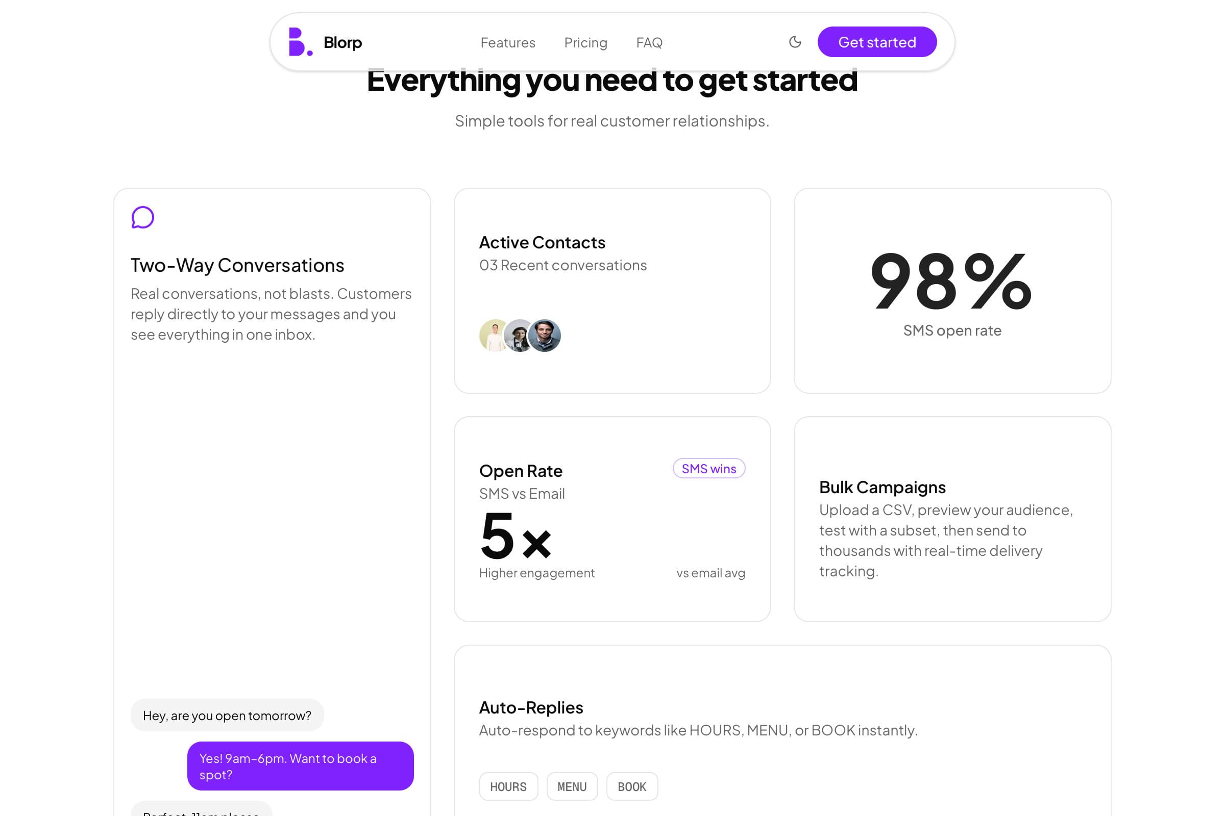Blorp features: conversations, open rates, campaigns