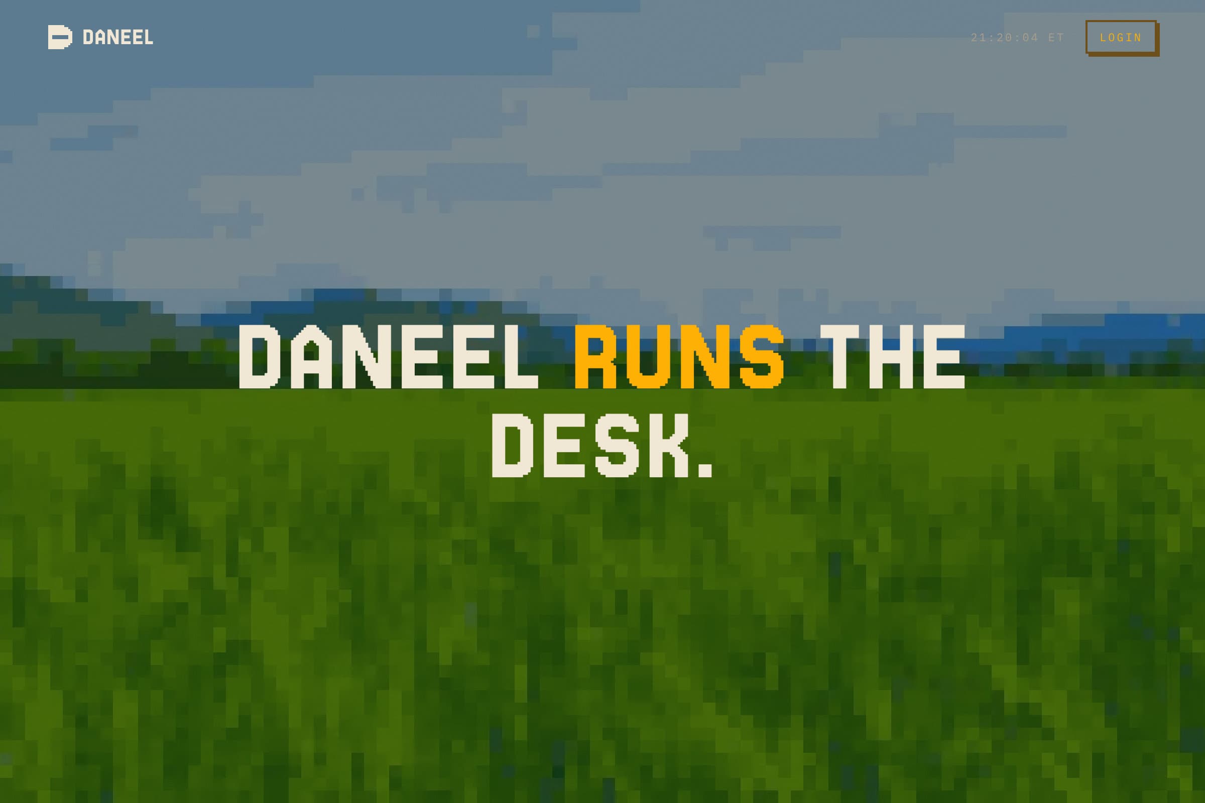 Daneel takeover scene: Daneel runs the desk, over a pixel field