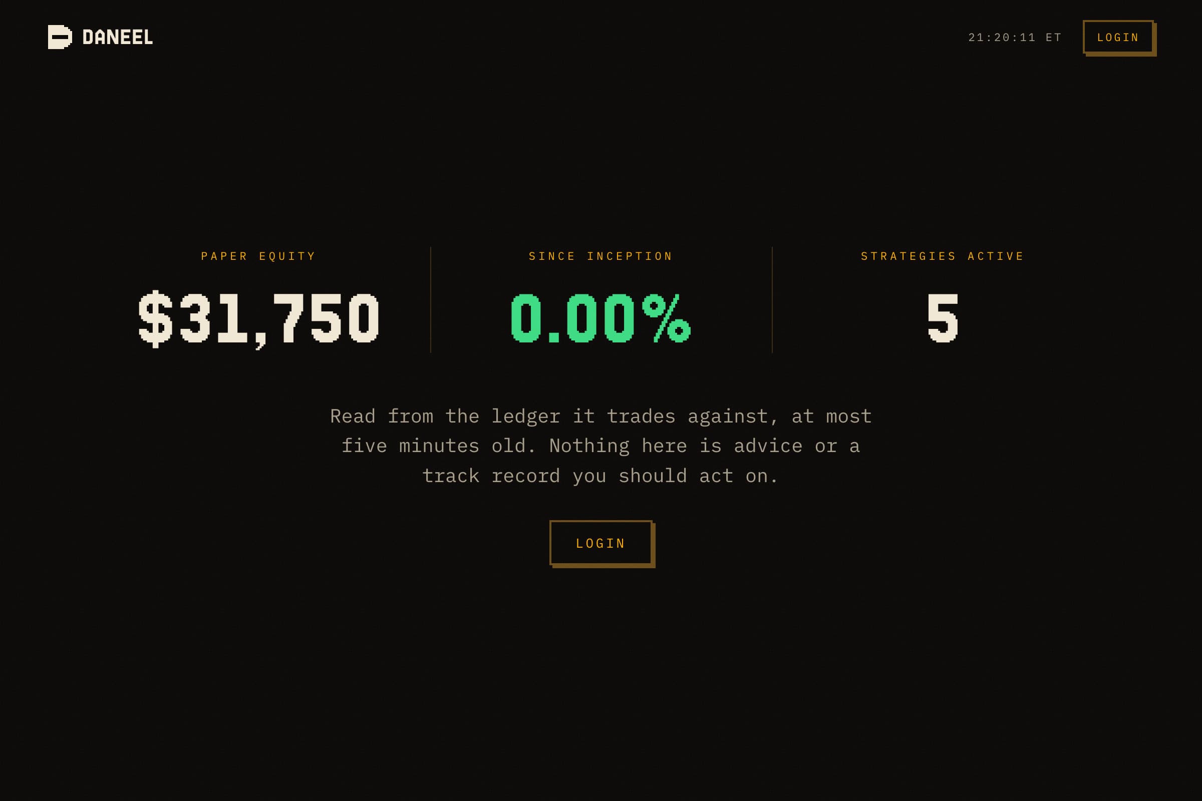 Daneel ledger: paper equity, return since inception, and strategies active, with the login button