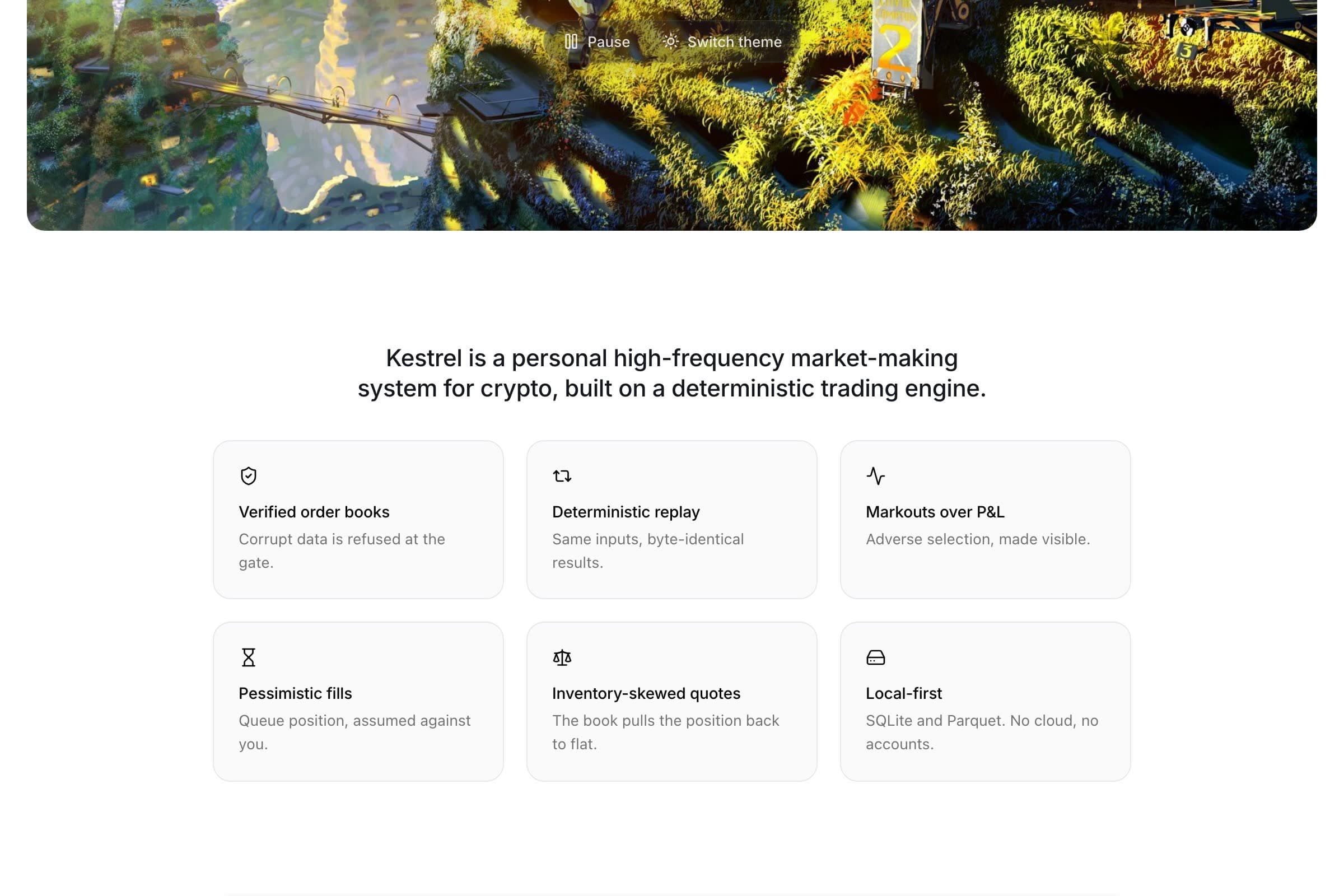 Kestrel feature grid: six claims with one line each