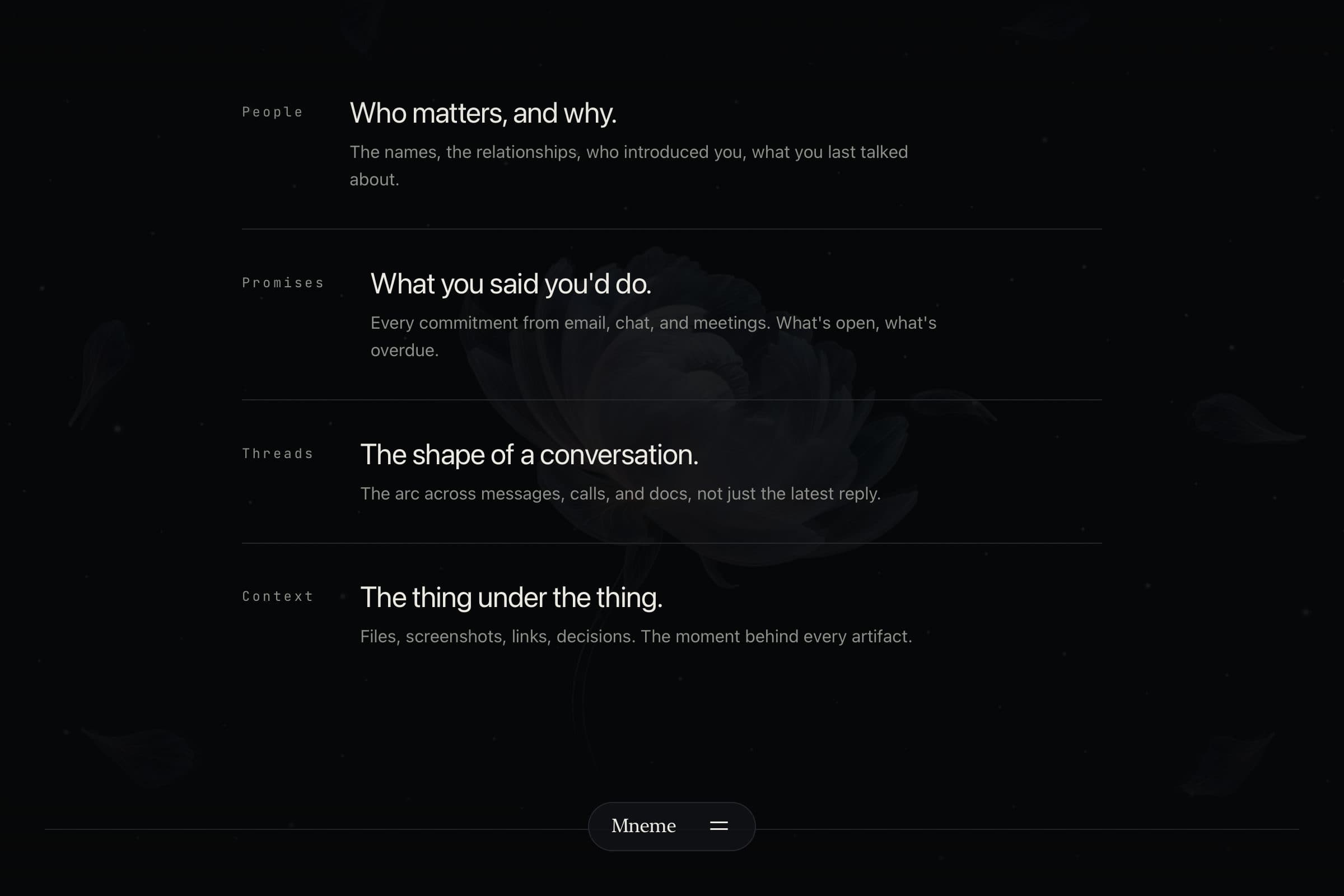 Mneme memory surfaces: promises, threads, and context