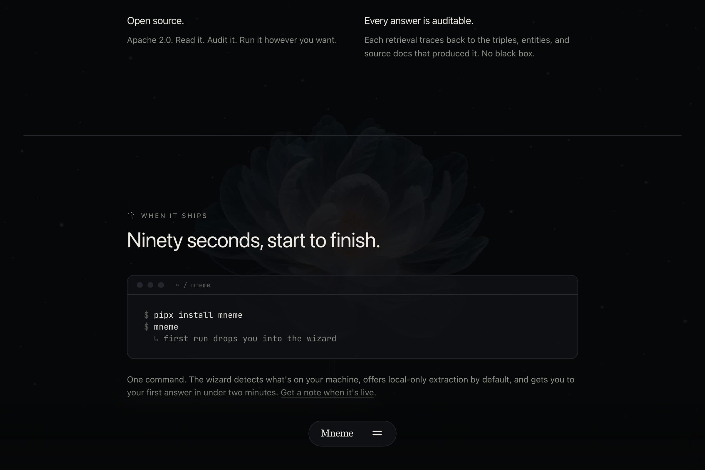 Mneme install: ninety seconds, start to finish