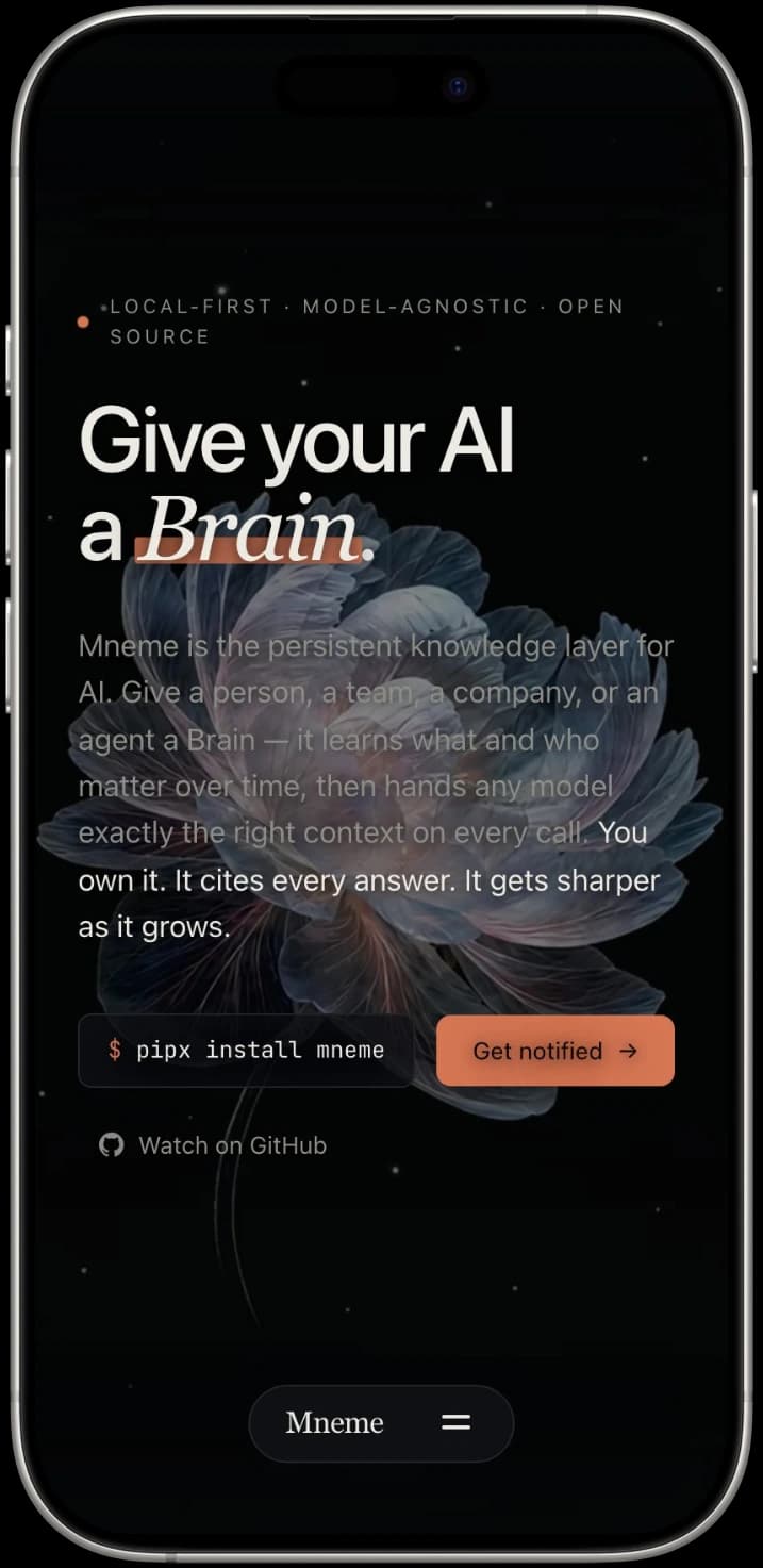 Mneme mobile hero: give your AI a brain