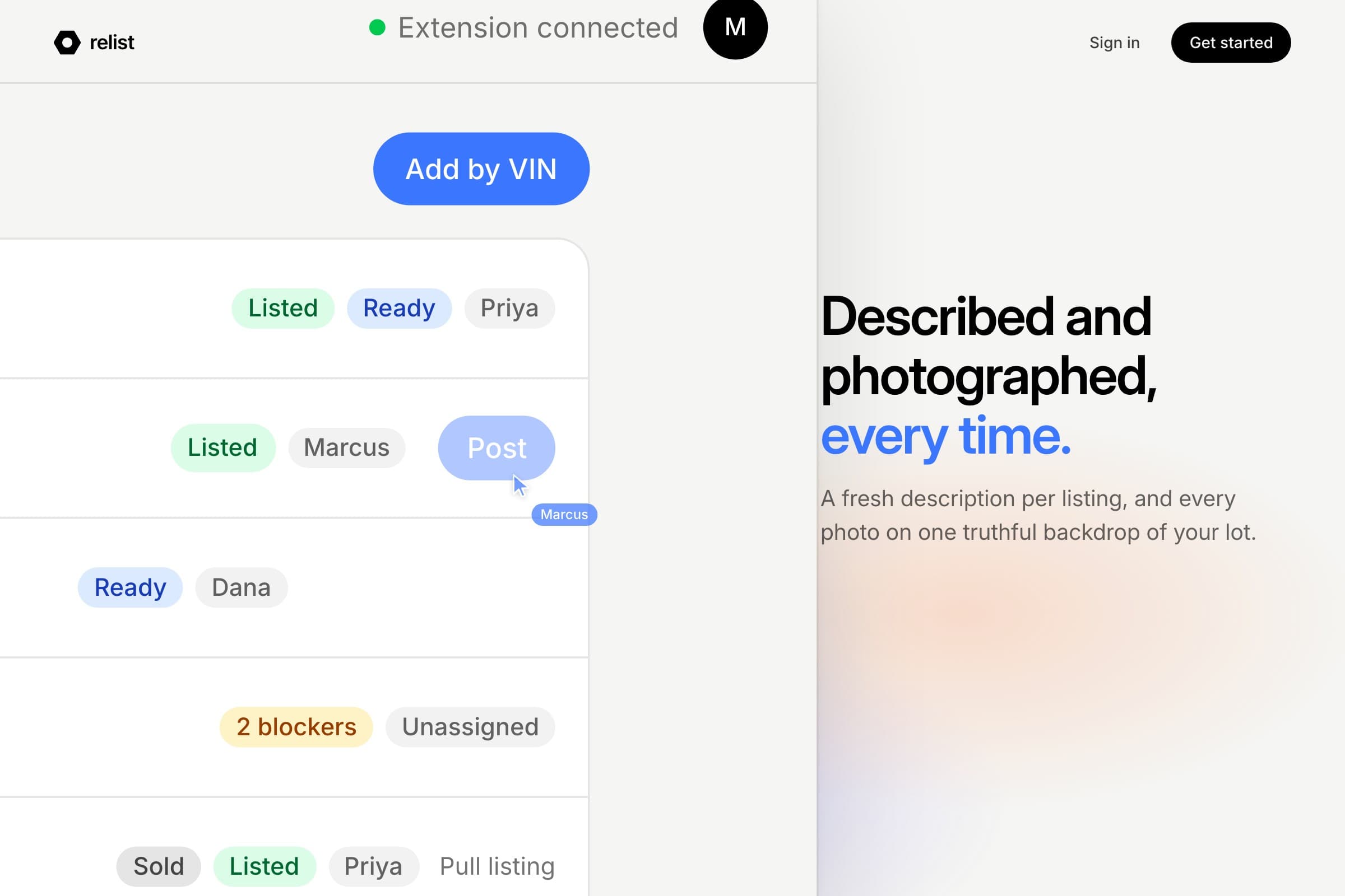 Relist pinned scene: the camera on one inventory row, From the feed to the form in one click