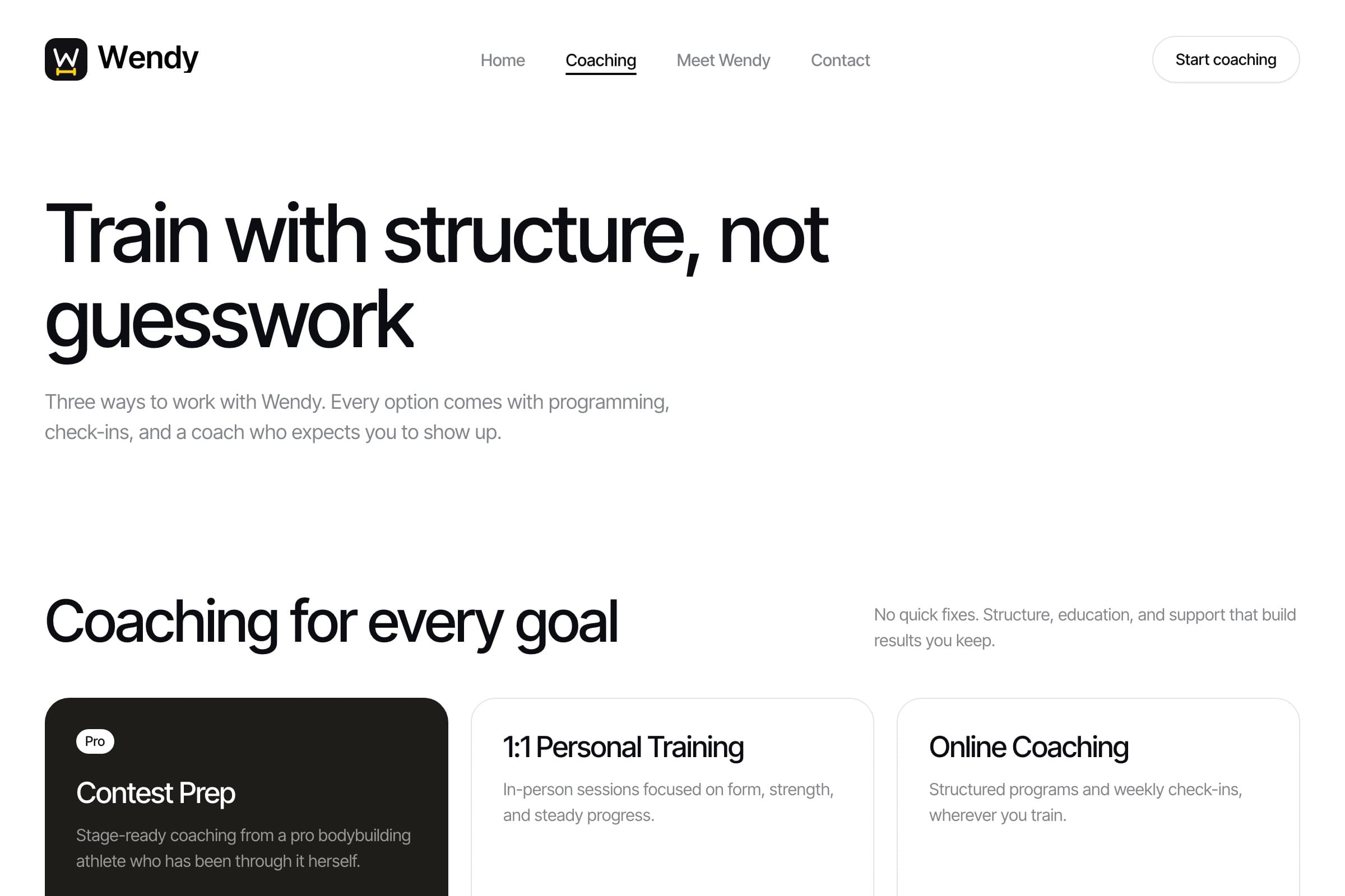 Wendy coaching page: Contest Prep, 1:1 Personal Training, and Online Coaching