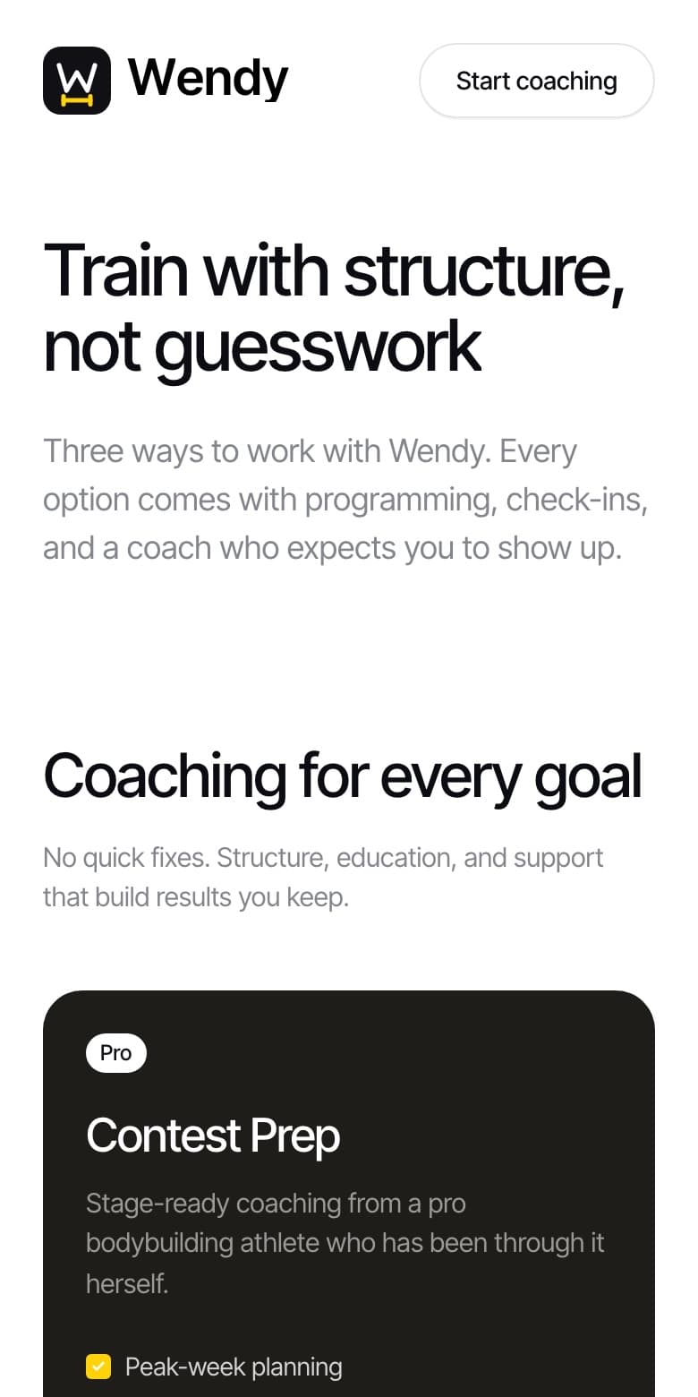 Wendy mobile coaching page: train with structure, not guesswork