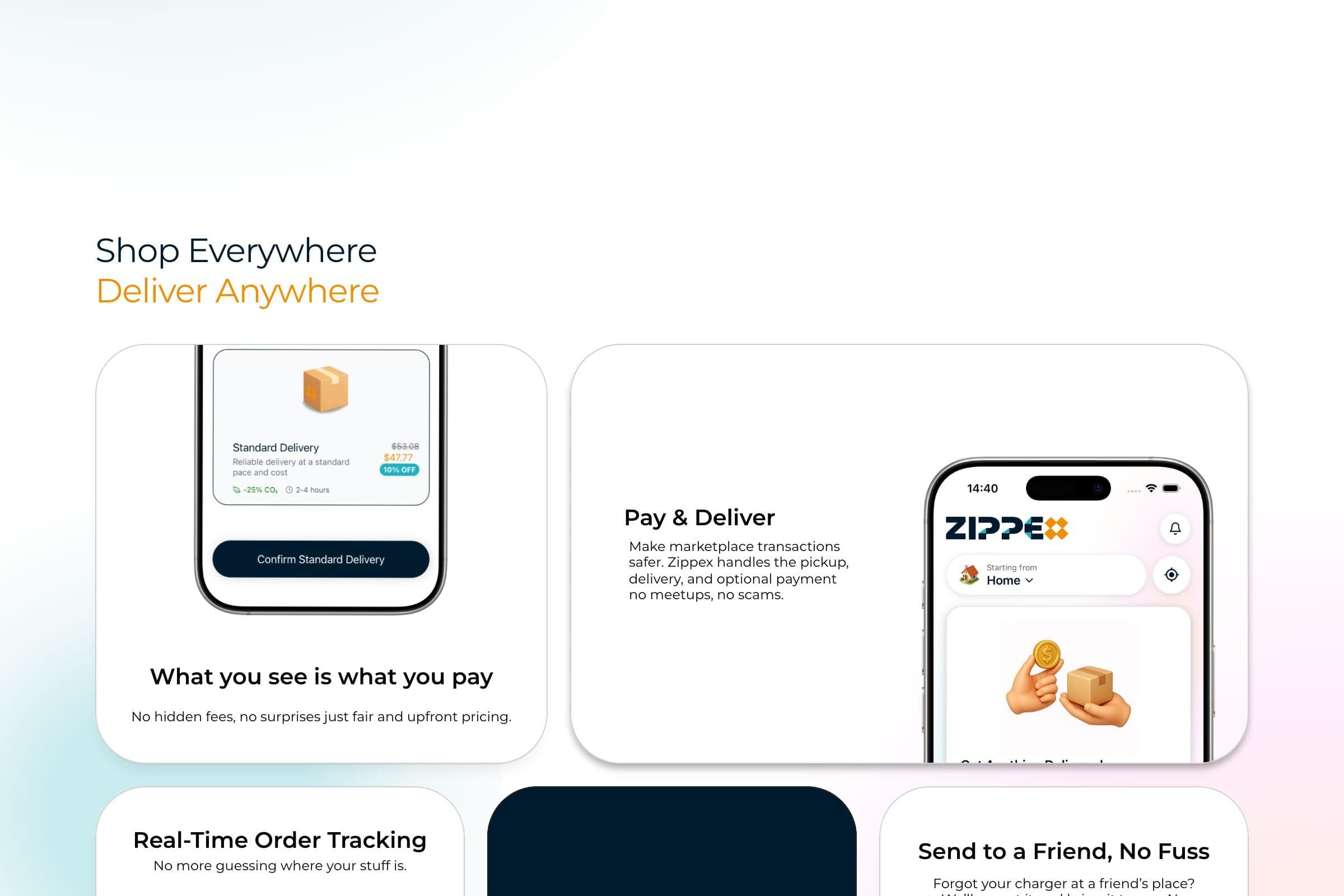 Zippex features: upfront pricing, pay and deliver, real-time tracking