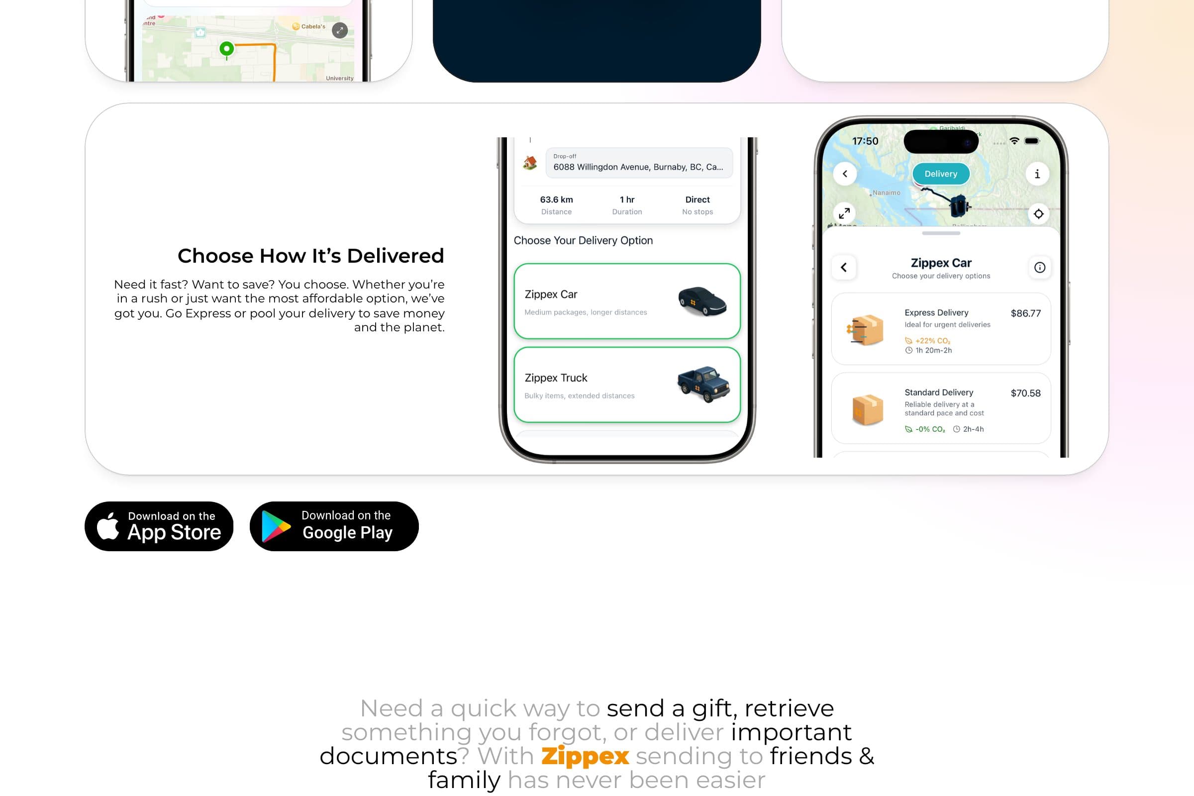 Zippex delivery options: express and standard priced side by side