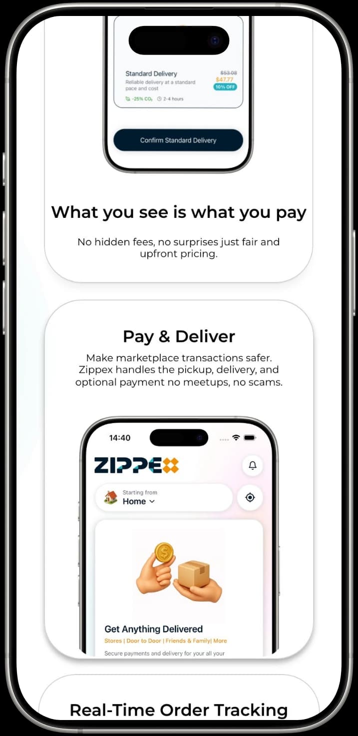 Zippex mobile features: upfront pricing and pay-and-deliver